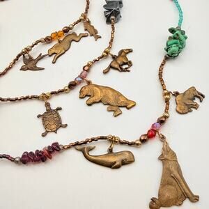 Vintage Artisan Brass Animal Charm Gemstone Beaded Set Necklace Hoop Earrings